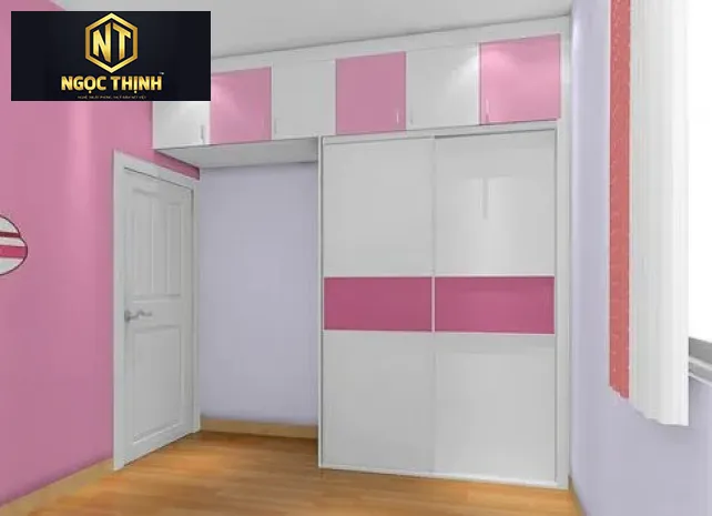 Xưởng Nội Thất Ngọc Thịnh Đồng Nai - Tủ quần áo cửa lùa bằng ván MDF với 2 màu trắng & hồng phù hợp với các bé gái và phái nữ - TQANT29